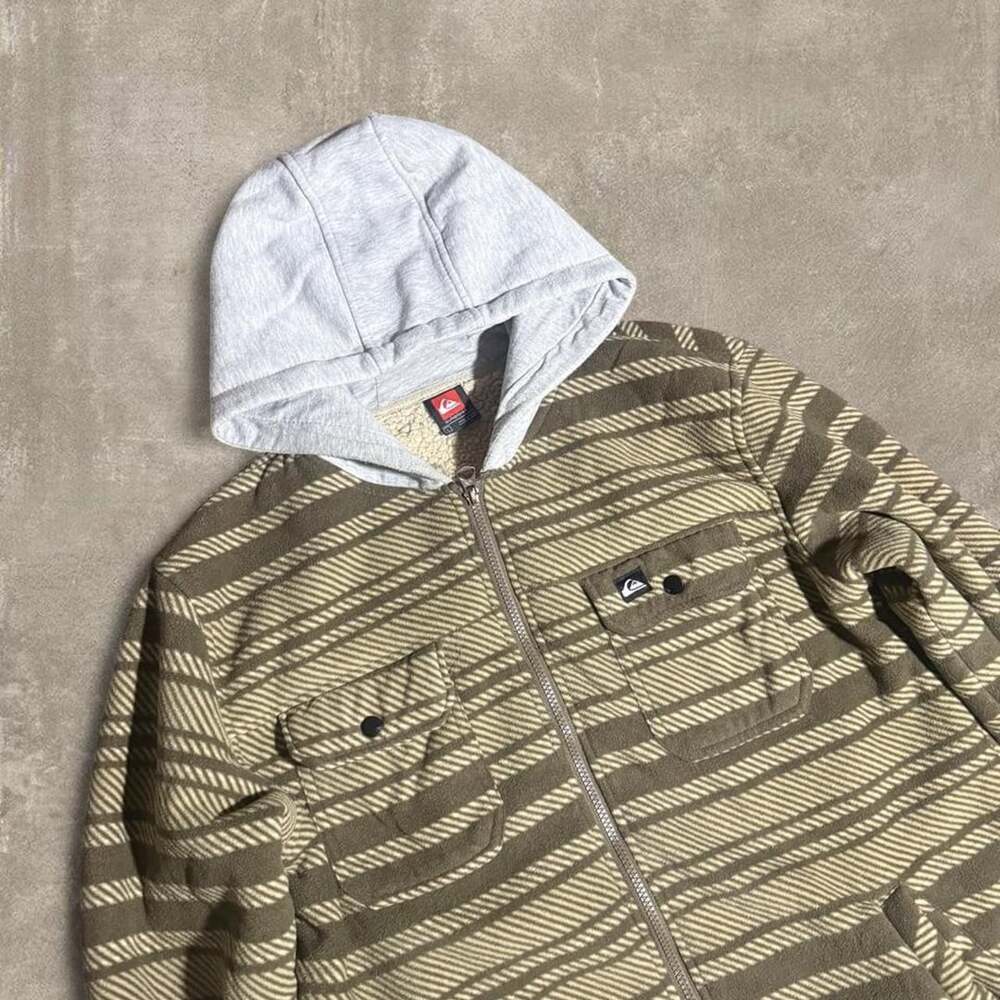 Quiksilver Sherpa Lined Zip Hoodie Size L Olive Khaki Striped